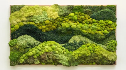 Vertical abstract wall art installation made from various shades of green moss on a wooden panel with Copy Space for text.
