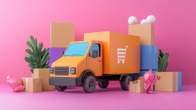 E-commerce delivery services flat design front view online shopping logistics 3D render triadic color scheme 