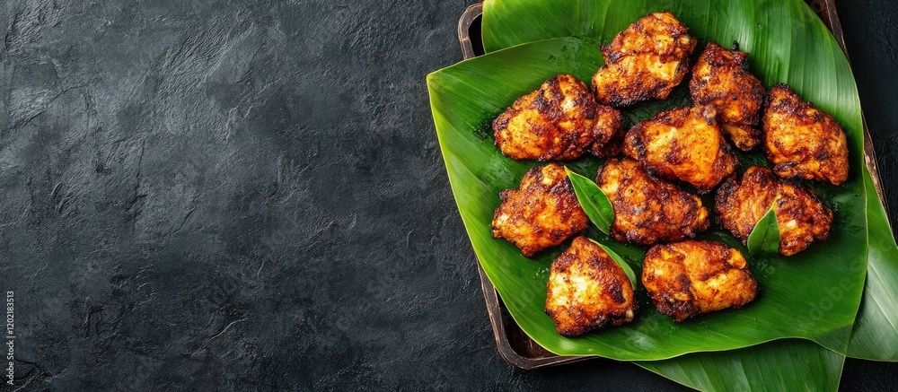 Poster grilled chicken pieces on banana leaves on a dark textured background with copy space
