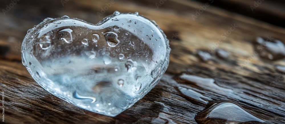 Poster Heart-shaped ice cube on wooden surface with droplets of water, textured background, Copy Space available for text placement.