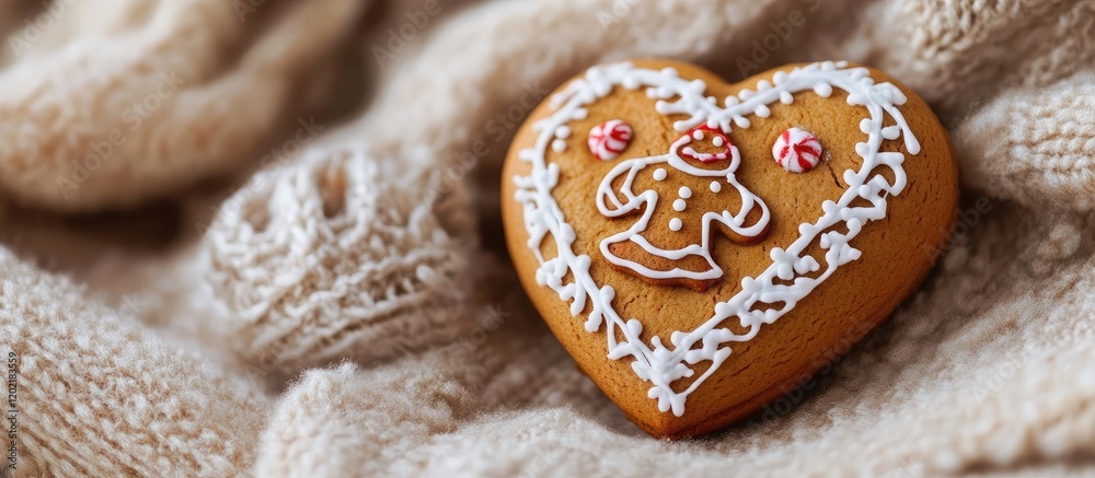 Poster gingerbread heart shaped cookie decorated with icing placed on a knitted background with copy space 