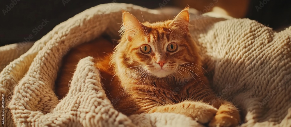 Poster orange cat resting on a soft knitted blanket with natural lighting and focus on the eyes copy space