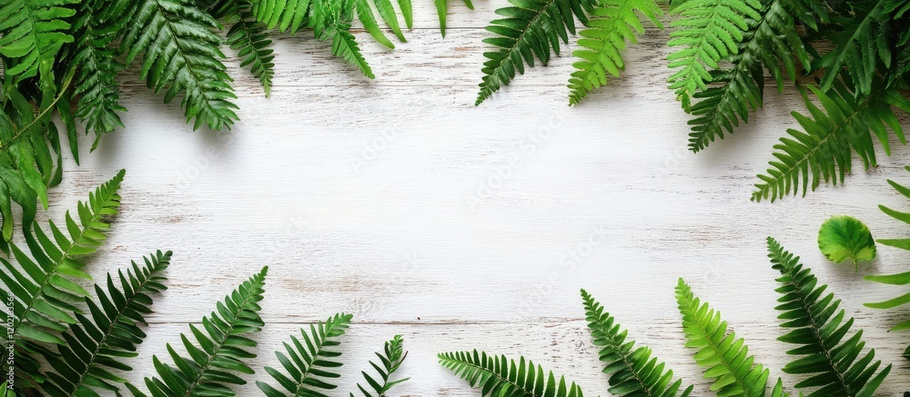 Poster Lush green fern leaves arranged on a white wooden background with ample copy space for text or design elements.