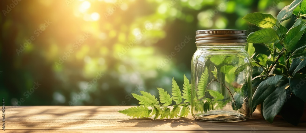 Aufkleber glass jar containing ferns on wooden surface with soft sunlight and green foliage in the background 