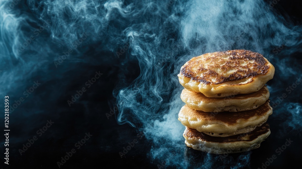 Aufkleber Stack of golden brown pancakes with smoky wisps on a dark background with Copy Space for text placement