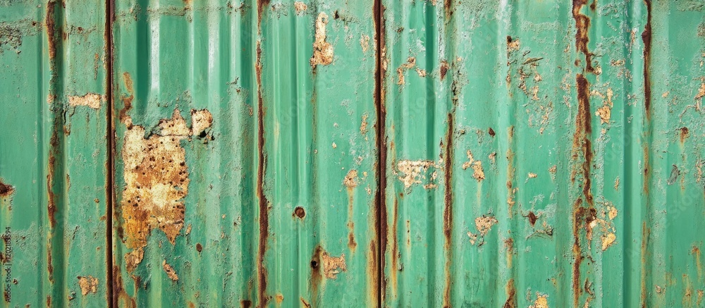 Poster rusty green corrugated metal texture with chipping paint and weathered surface details ideal for bac