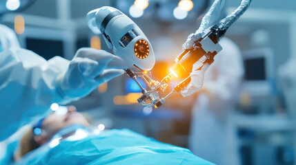 Advanced robotic surgical arm performing procedure in modern operating room. scene showcases precision technology and skilled medical professionals working together