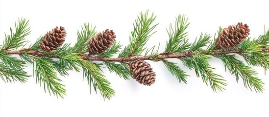 Pine branch with cones isolated on white background with Copy Space for text placement