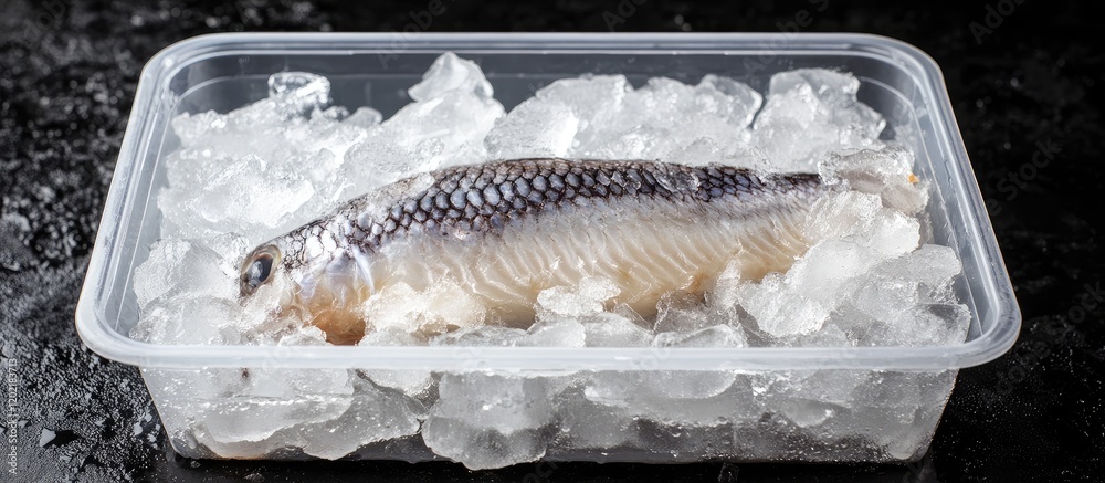 Poster Fresh fish on ice in a clear container ready for sale or preparation with a dark background and copy space.