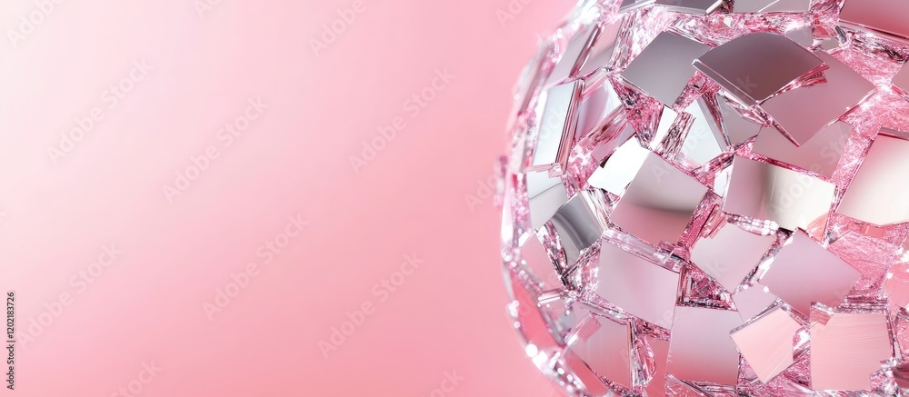 Poster pink disco ball with mirrored tiles on a soft pink background and copy space for text.