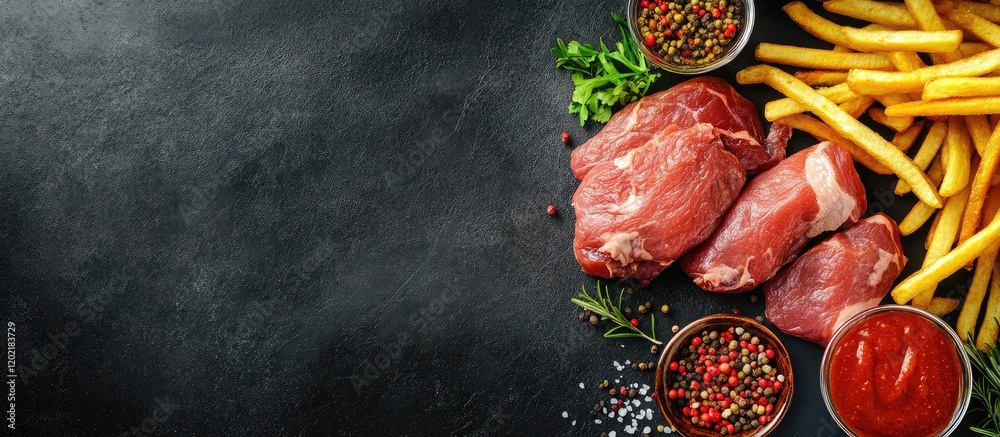 Poster Raw meat cuts with french fries and condiments on dark surface with Copy Space for text placement.