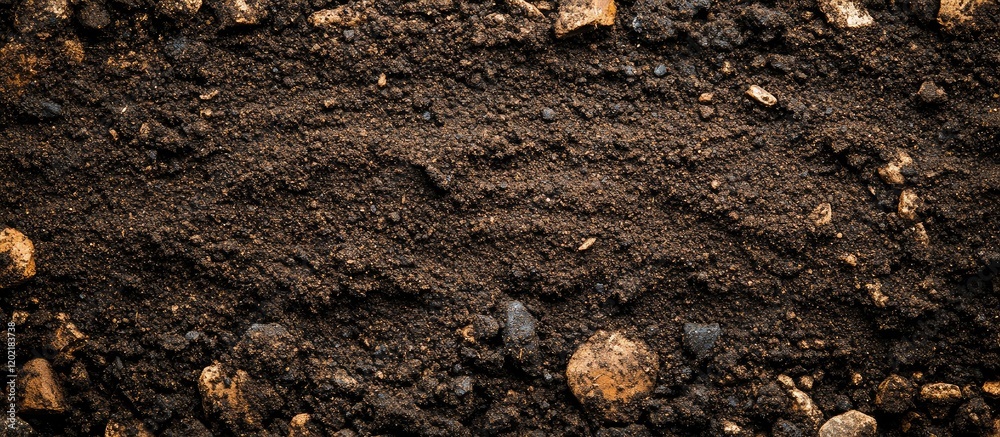 Poster brown soil texture with pebbles and grooves for agricultural background copy space