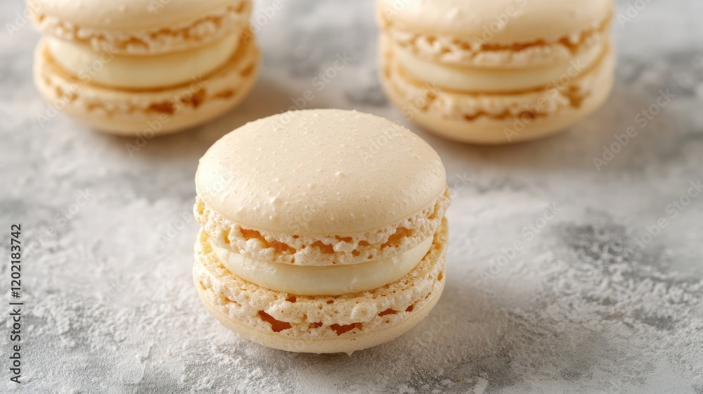 Aufkleber Close-up of white macarons arranged on a textured surface with copy space for text
