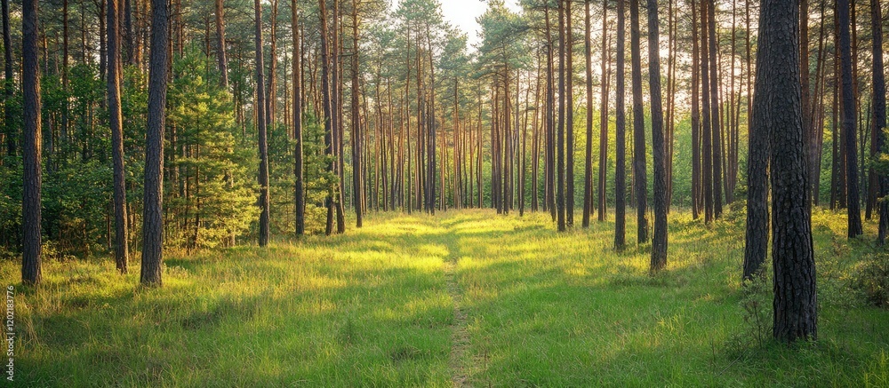 Aufkleber Sunlit forest path through tall trees with green grass in foreground and dappled light creating a tranquil outdoor scene Copy Space