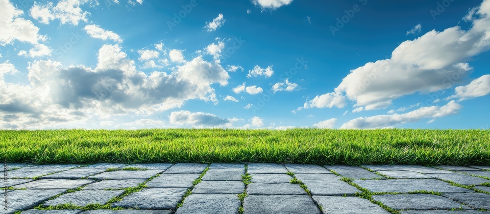 Poster scenic view of clear blue sky with white clouds over green grass field and stone paved pathway copy 