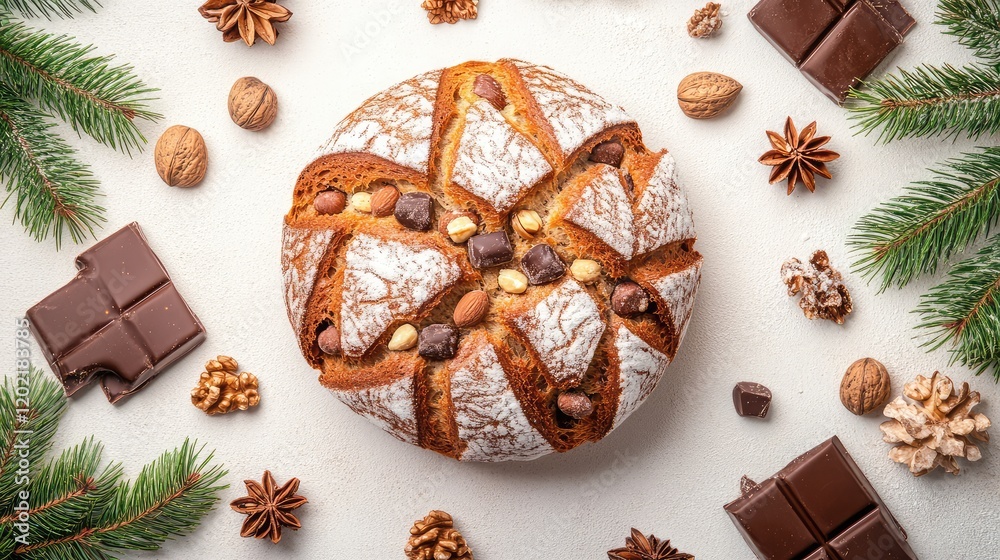Poster festive round loaf decorated with nuts and chocolate pieces surrounded by pine branches and assorted