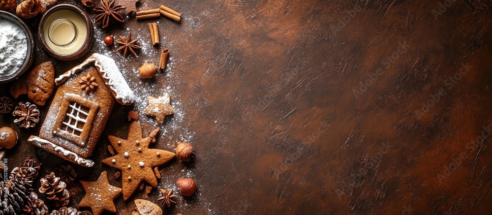 Poster gingerbread cookies and festive spices on wooden table with copy space for holiday baking and decora