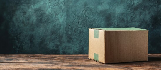Cardboard box on wooden surface against textured green background with ample copy space for text insertion