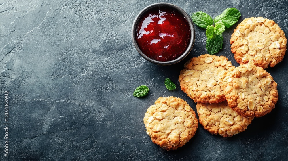 Poster oatmeal cookies with jam and mint leaves on a dark stone background with copy space for text
