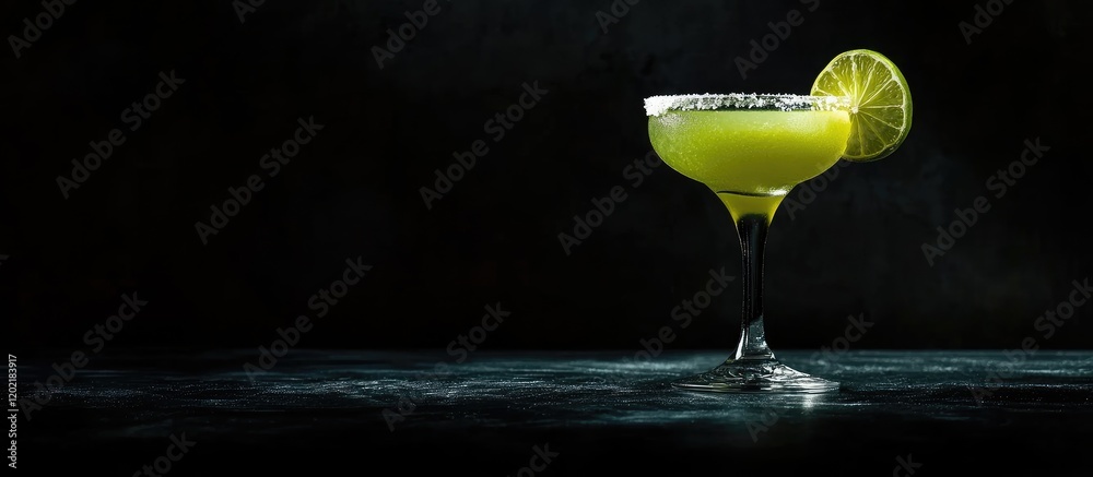 Poster margarita cocktail with lemon slice served in a glass on dark background with copy space