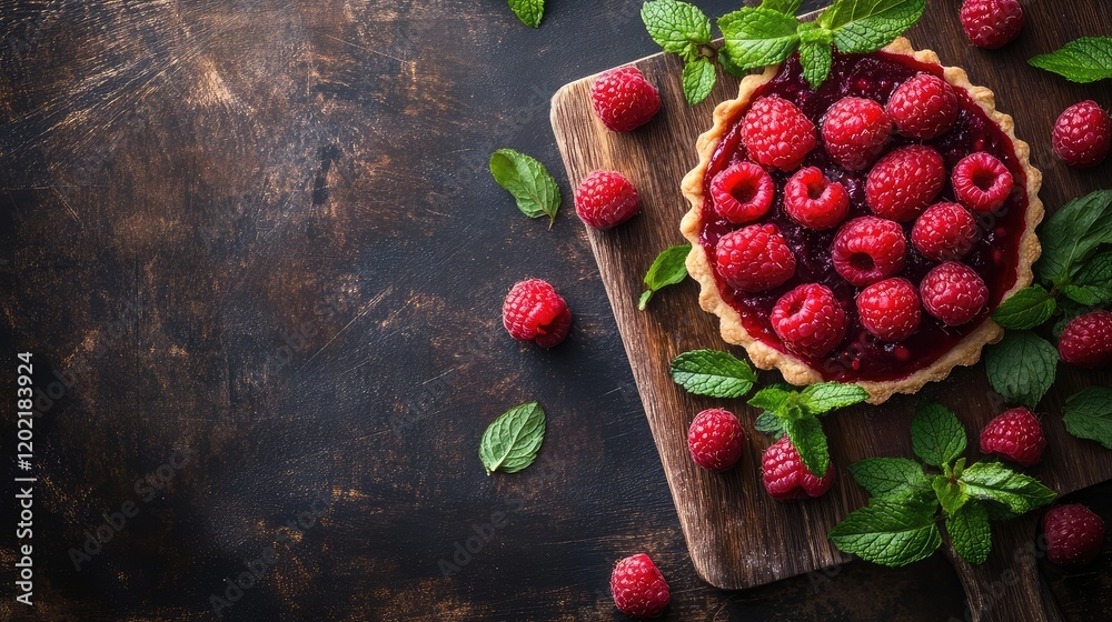 Poster raspberry tart on wooden board with fresh mint leaves and scattered raspberries on dark textured bac