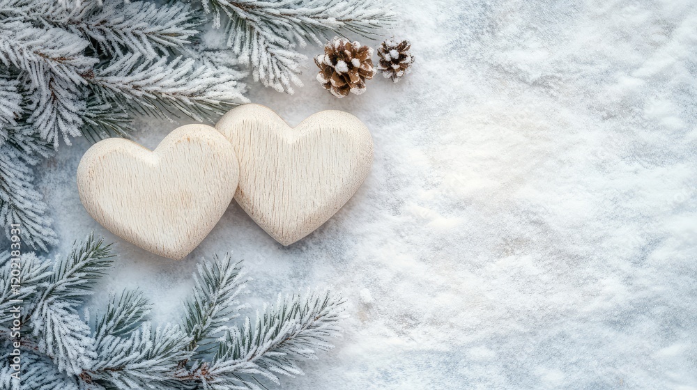 Poster Two wooden heart shapes with pine cones and frosted pine branches on a snowy background with Copy Space for text placement