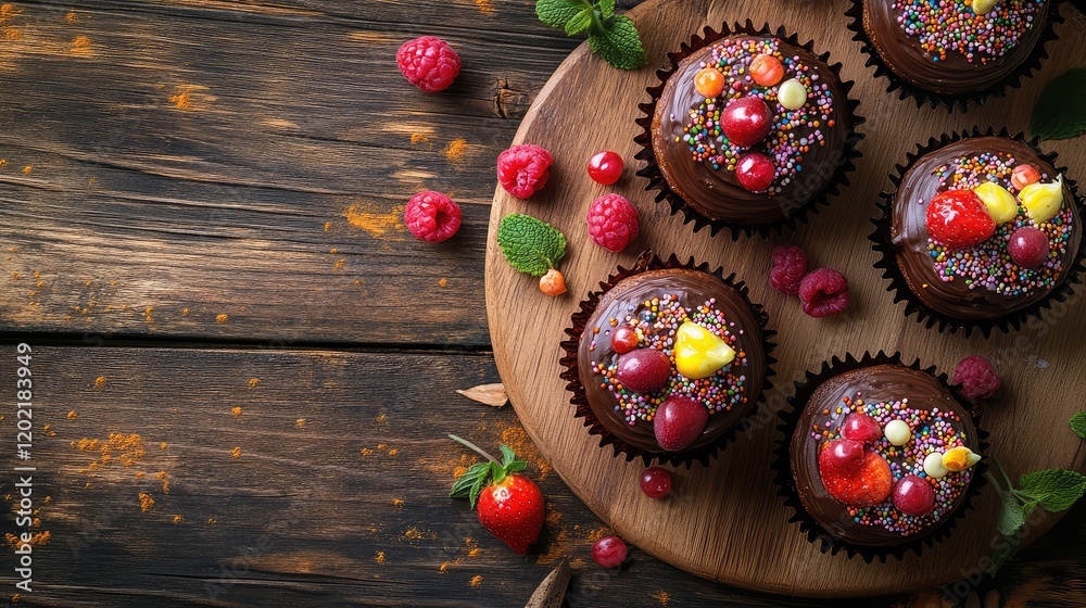 Poster chocolate cupcakes with colorful toppings and fresh berries on a wooden serving board with copy spac