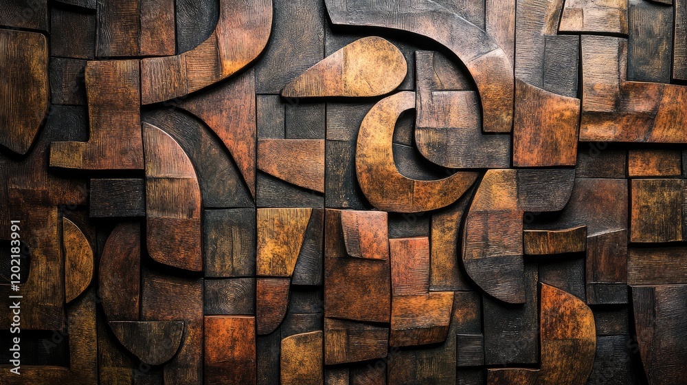 Poster wooden wall art with intricate geometric patterns and rich brown tones textured for depth and warmth