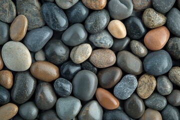 Close up of smooth beach pebbles and gentle waves creating a serene coastal atmosphere in a sunny seaside setting. Generative AI
