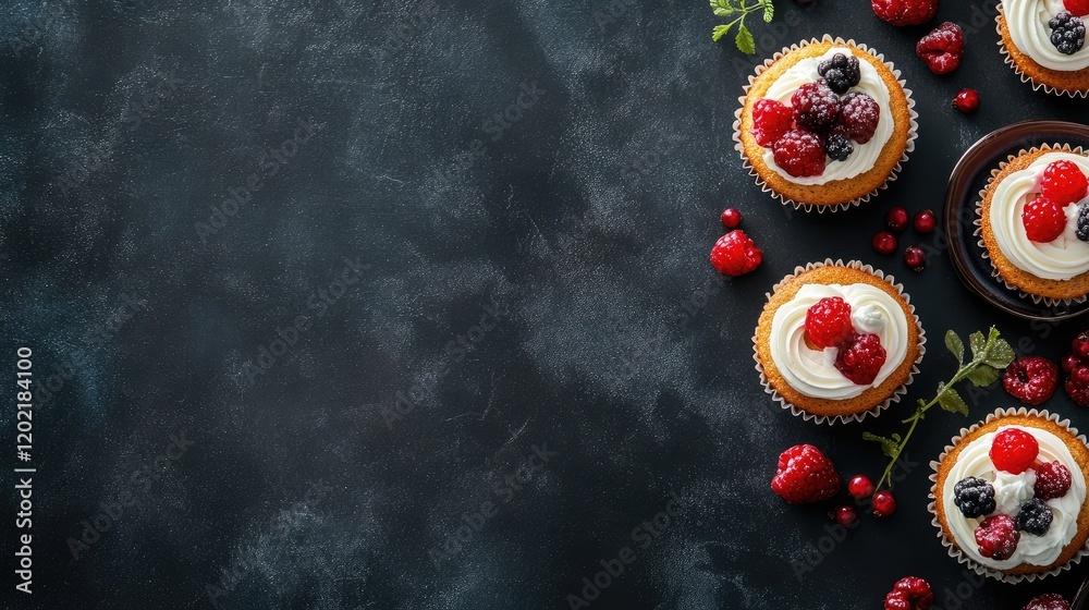 Poster Decorative cupcakes with raspberries and blackberries on dark background with copy space for text
