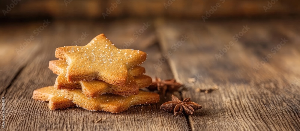 Poster star-shaped cookies on a rustic wooden surface with star anise and copy space for text.