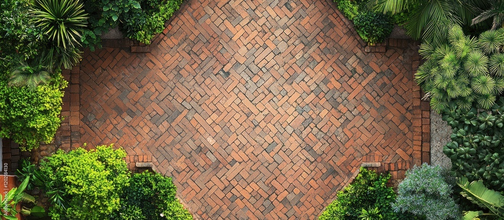 Poster aerial view of a patterned brick pathway surrounded by lush green plants and shrubs with ample copy 
