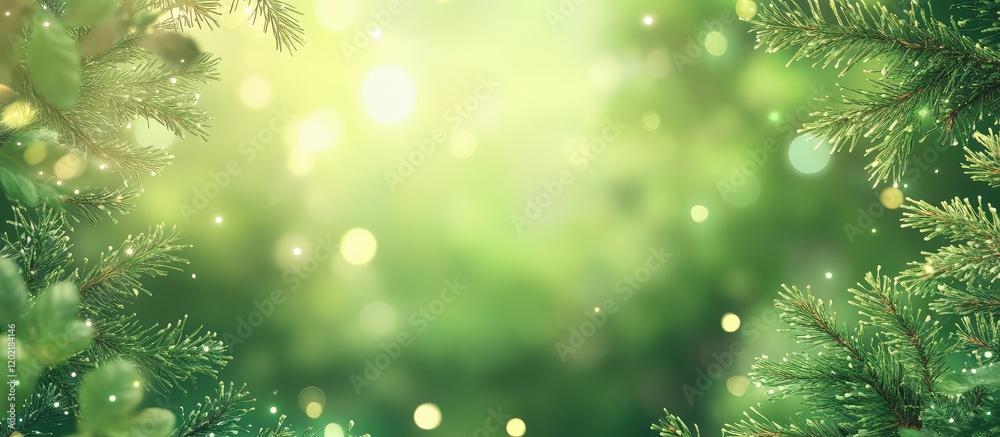 Poster Green bokeh background with soft light and pine tree branches creating a natural atmosphere ideal for seasonal themes Copy Space