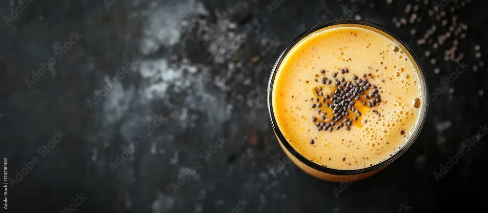 Aufkleber Glass of frothy beer topped with dark seeds on a textured dark background with Copy Space for text
