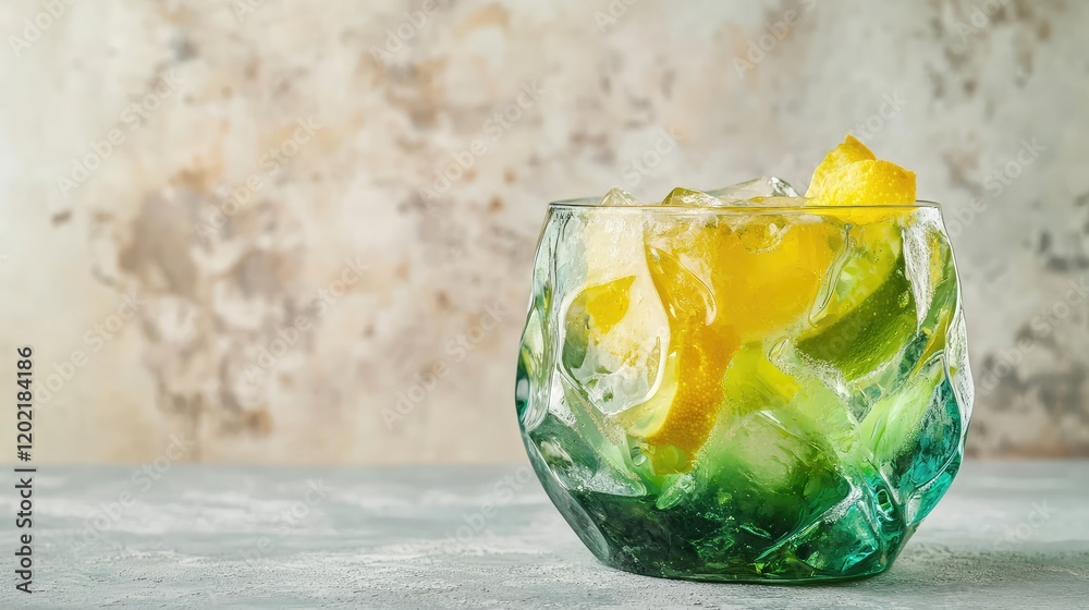 Aufkleber Colorful beverage with ice and lemon slice in a textured glass against a rustic background with Copy Space.