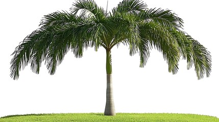 A tropical palm tree with a slender trunk and long, sweeping green fronds, isolated on a bright white background