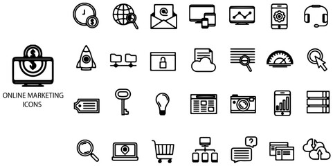 Online marketing concept 28 icons set. Online shopping and delivery elements. E-business symbol. Vector illustration.