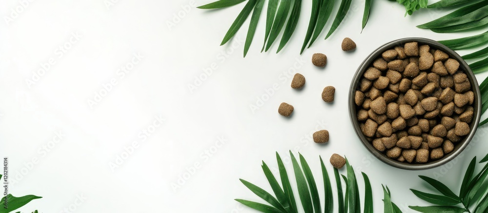 Poster bowl of pet food surrounded by green palm leaves on a white background with copy space for text plac