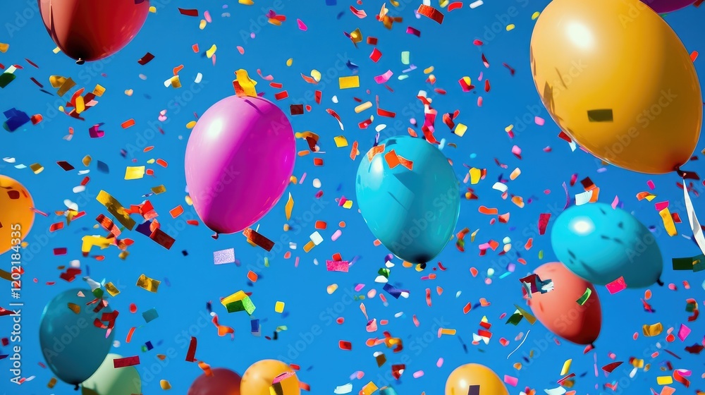 Poster colorful balloons and confetti falling against a clear blue sky with ample copy space for text place
