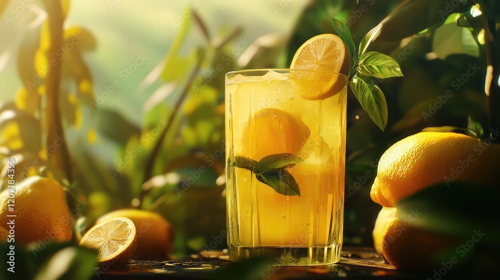 Poster refreshing lemonade in a glass with lemon slices garnished with mint leaves surrounded by fresh lemo