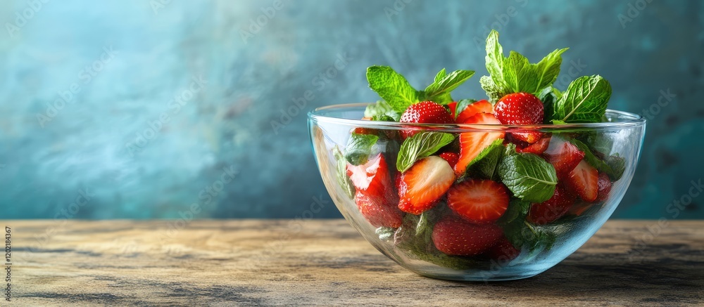 Poster fresh strawberries and mint leaves in a glass bowl on a wooden table with blurred textured backgroun