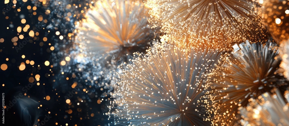 Poster abstract golden fireworks display with sparkling light effects against a dark background copy space