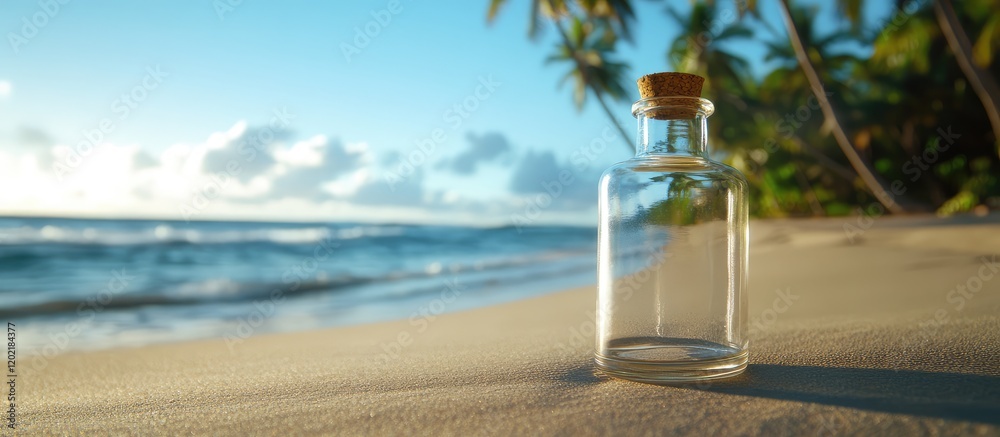 Poster empty glass bottle on sandy beach with palm trees and ocean in background under blue sky copy space