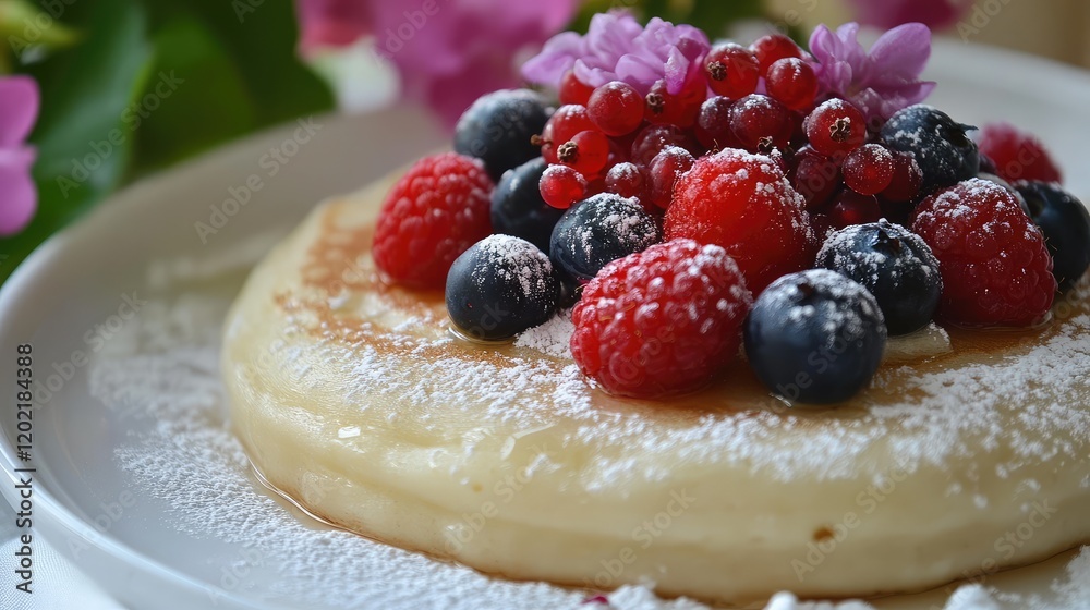 Poster pancake topped with mixed berries and powdered sugar served on a white plate with floral background 