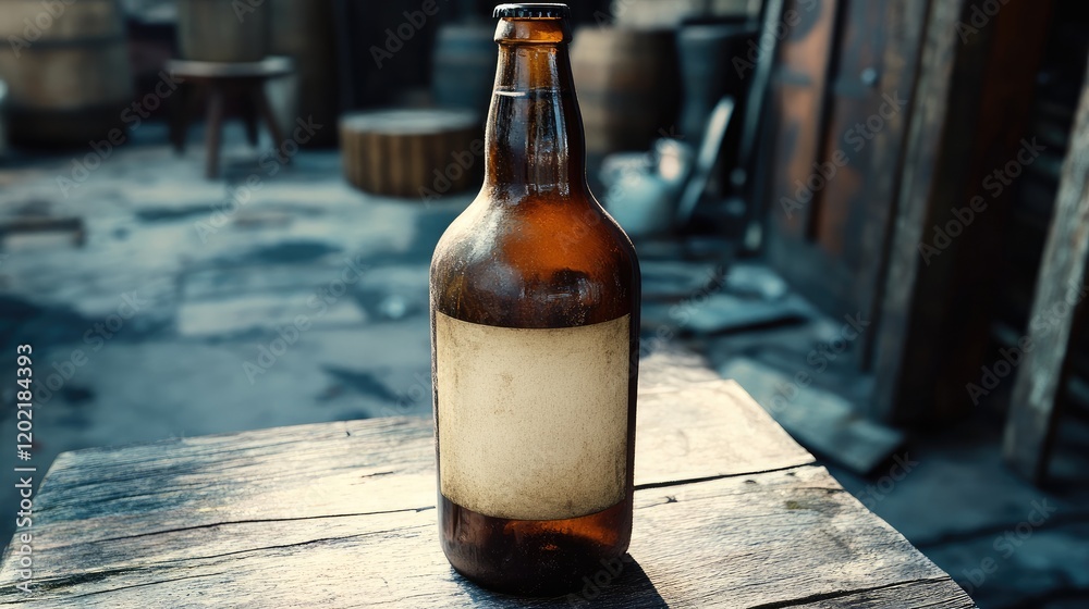 Poster brown glass bottle with blank label on wooden table in rustic setting copy space