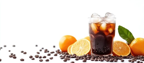 Cold coffee drink with ice in glass accompanied by coffee beans and fresh oranges on white background with Copy Space