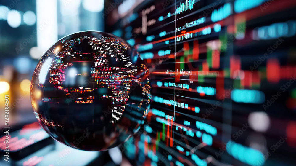 Poster high resolution image of global financial markets with digital globe overlay, showcasing data trends