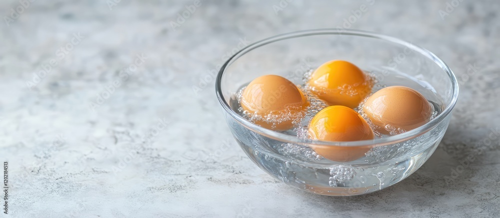 Aufkleber fresh eggs with bright yellow yolks submerged in clear water in a glass bowl on a light textured bac