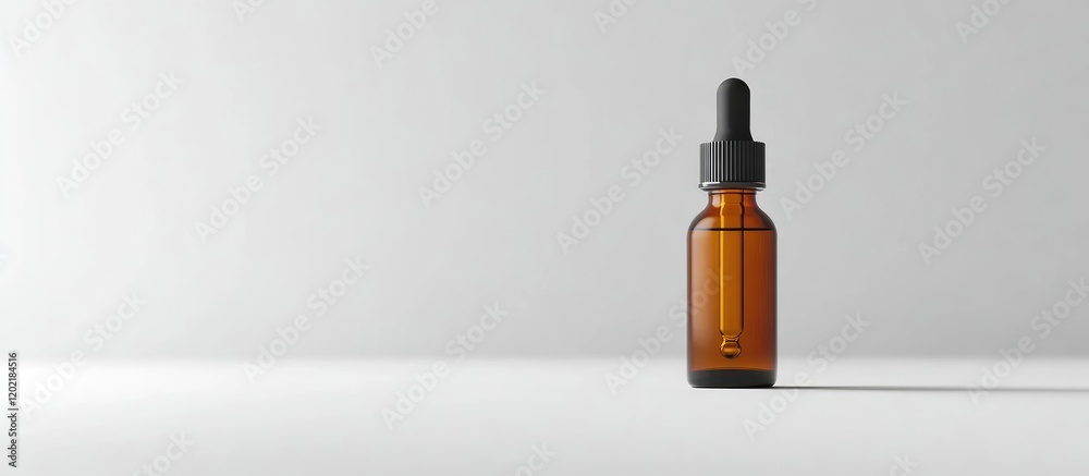 Poster brown glass dropper bottle with black lid on white background with ample copy space for text or prod