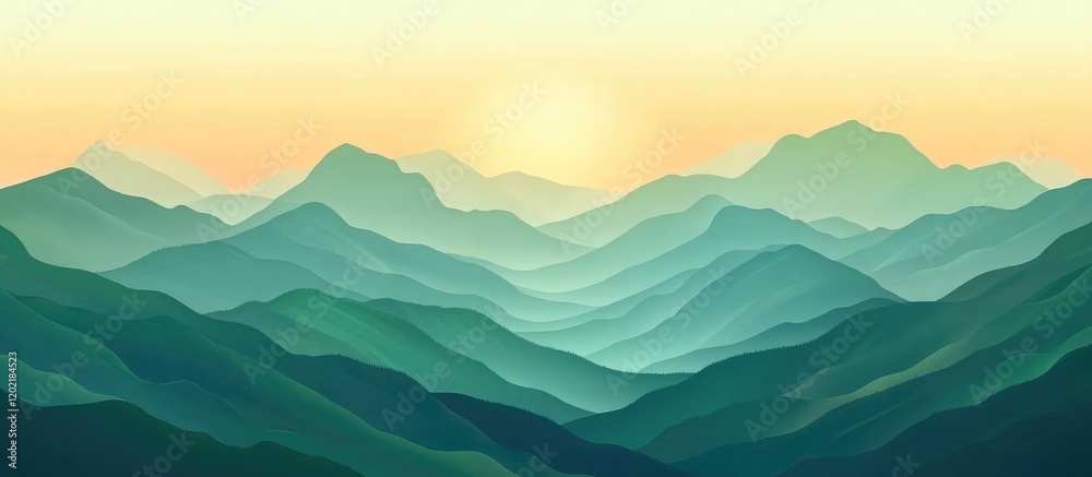 Aufkleber layered mountain landscape at sunrise with subtle color gradients and copy space for text placement